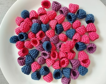 12 crocheted raspberries and blackberries in a set for a play shop/kitchen/fruit play area