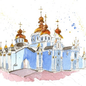 St Michael&#39;s Kyiv Ukraine Aquarell Druck
