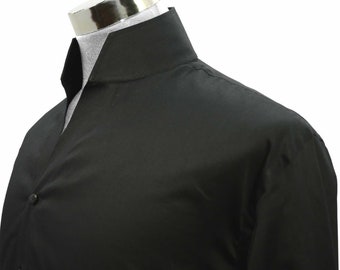 Men's High Open Collar Shirt, Plain Jet Black Shirt, 100% Cotton Shirt, No Collar Buttons Shirt, 3\