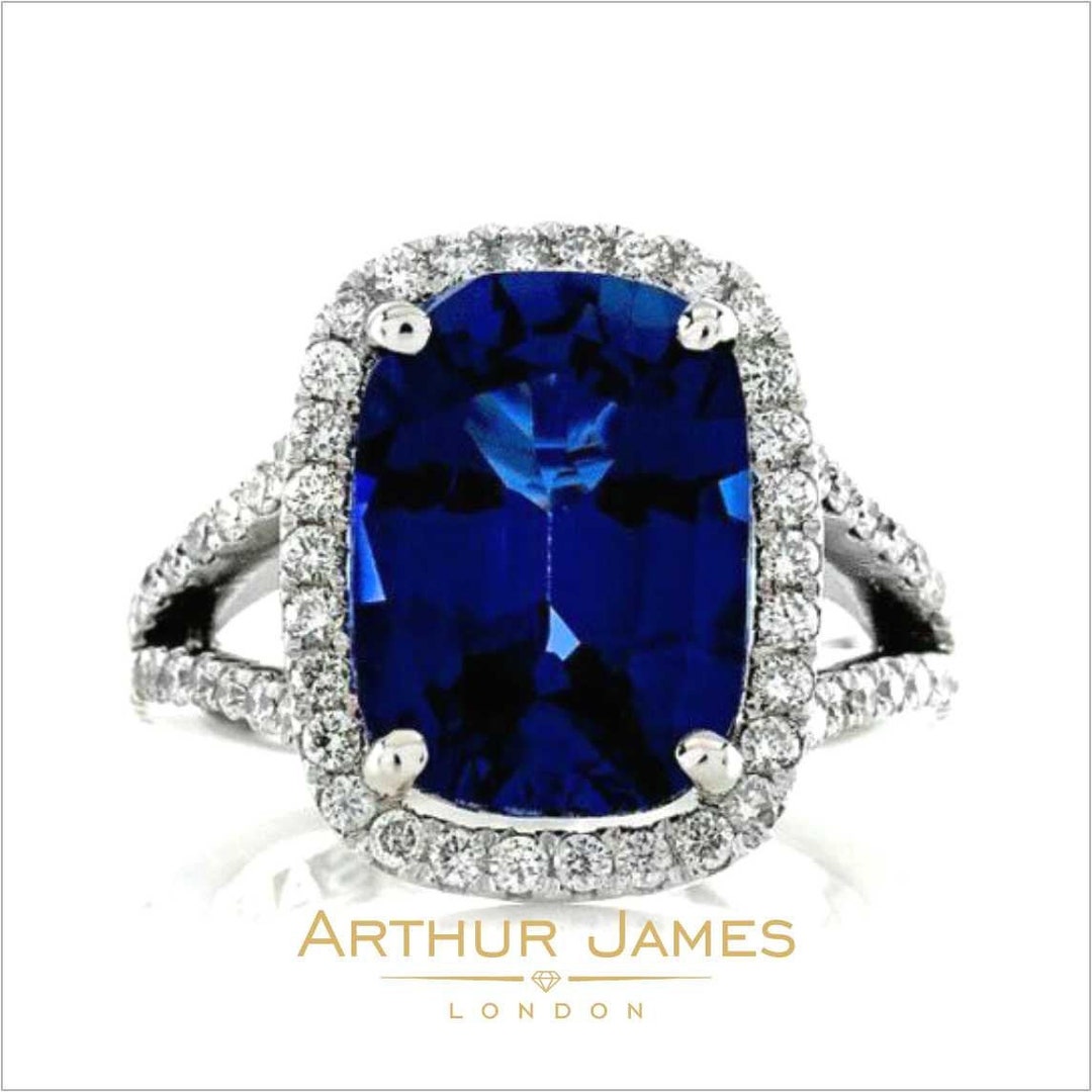 4.50 Ct Cushion Cut Blue Sapphire Diamond Ring 14K White Gold - Etsy