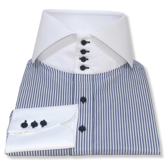 High Collar Shirt Italian Blue Stripes High Neck Penny Collar | Etsy