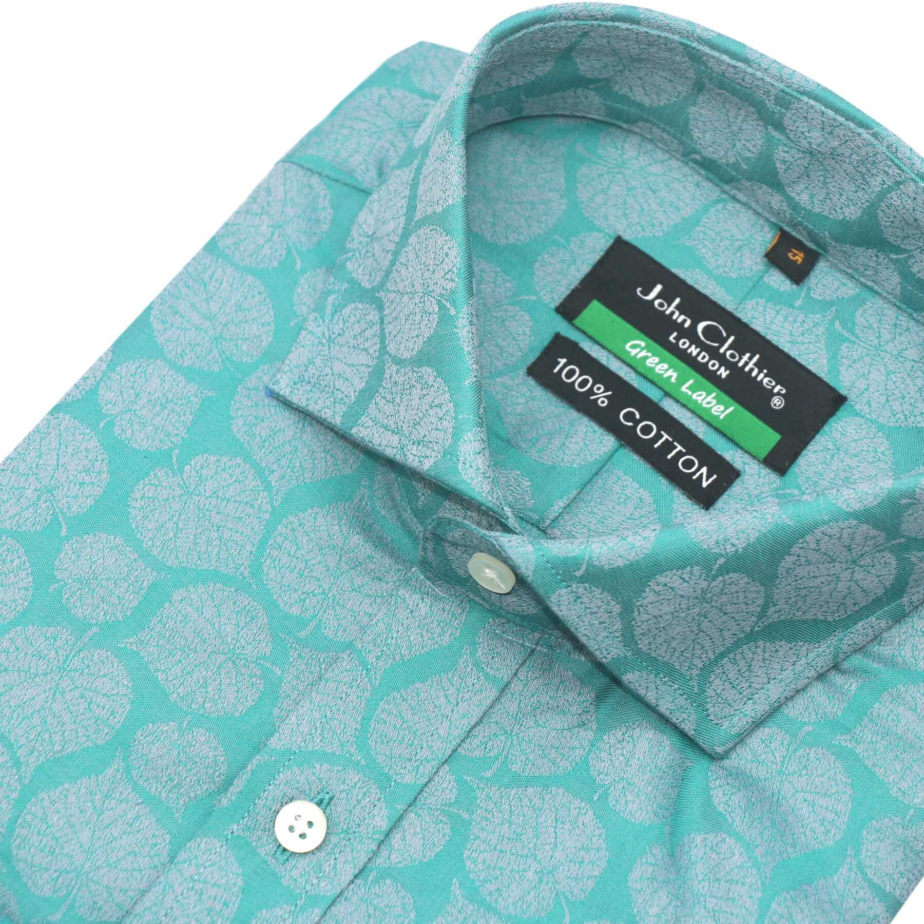 Cutaway Collar Mens 100 Cotton Shirt Green Leaf Jacquard Etsy
