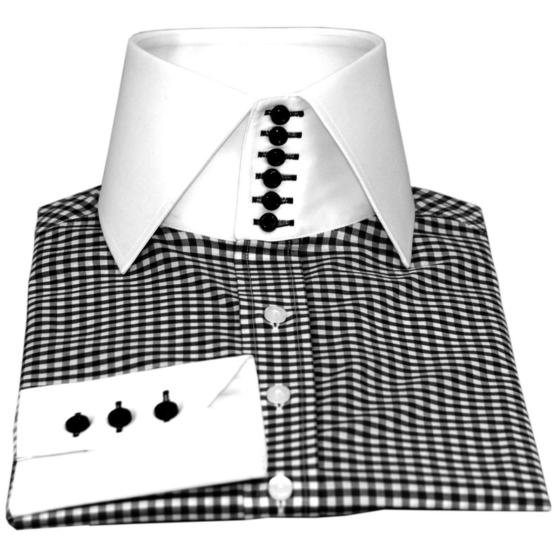 High Collar shirt Black Gingham Checks shops Bankers Men's spread collar Shirt 100% cotton with 6 buttons