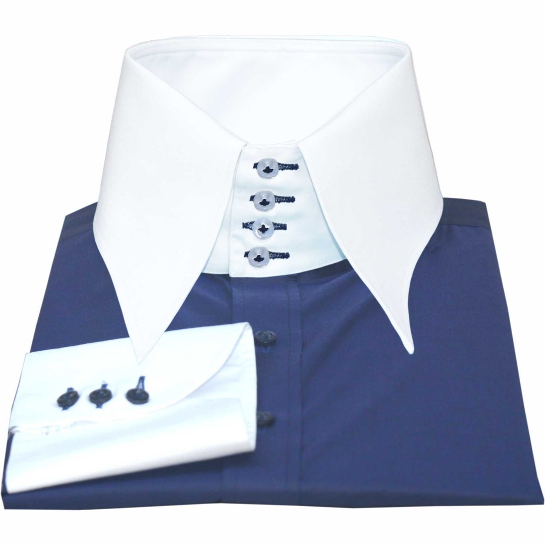 High Long Point Collar Shirt Plain Navy Blue Shirt 3 - Etsy