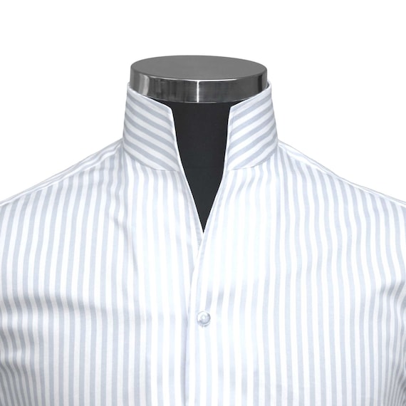 Men S High Open Collar Shirt 100 Cotton White Stripes Etsy Men S High Open Collar Shirt 100 Cotton White Stripes Etsy