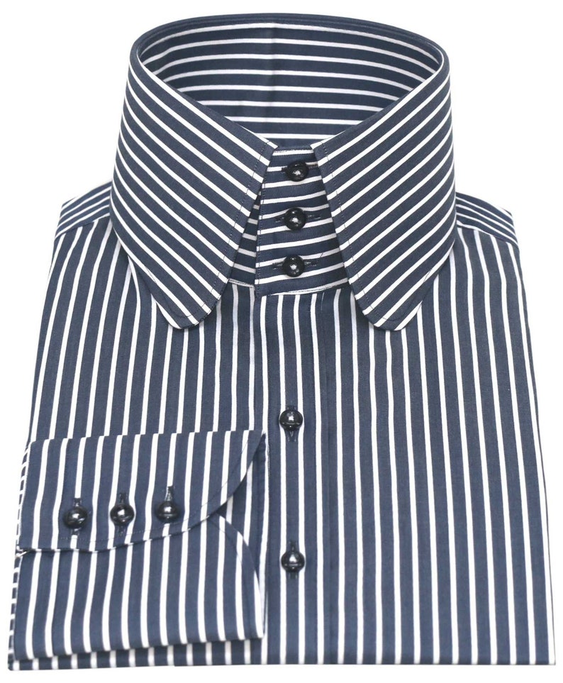 Men's High Collar Navy Blue Stripes 3 Button 100% Cotton - Etsy