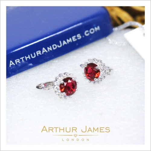 Halo Earrings, Red Ruby Diamond Earrings, 3 Ct Round Cut Diamond Earrings, White Gold Finish Earrings, Drop & shops Dangle Women's Earrings,