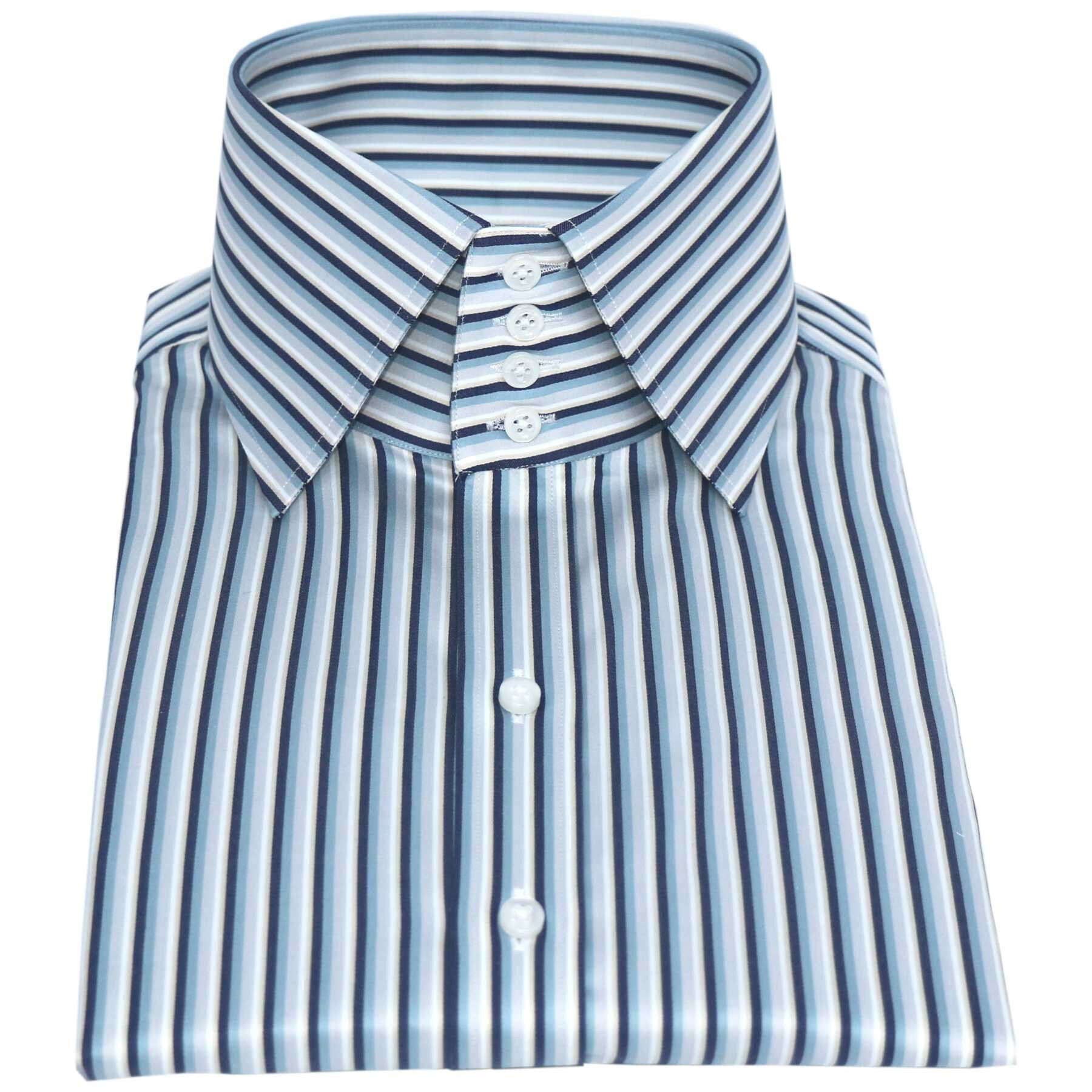 High Collar shirt Blue Black Stripes 4 button 100% Italian Cotton Men's Shirt tall neck spread collar