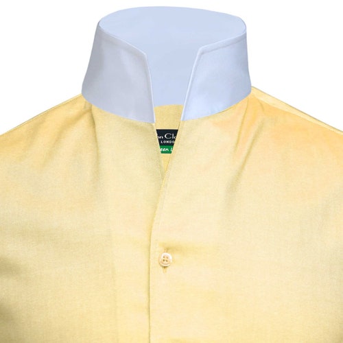 Men's high Open collar YELLOW shirt 100% cotton, shops No button, Stiff collar, Stylish Vintage tall collar high neck style