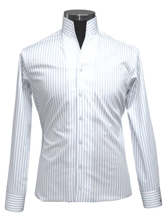 Men S High Open Collar Shirt 100 Cotton White Stripes Etsy Men S High Open Collar Shirt 100 Cotton White Stripes Etsy