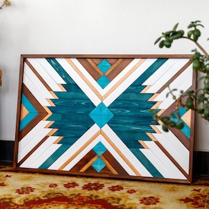 WOOD WALL ART, Geometric Wood Wall Art, Blue Wall Decor, Boho Art, Wood Wall Decoration, Home Decor, Aztec Wall Hanging, Modern Wood Art