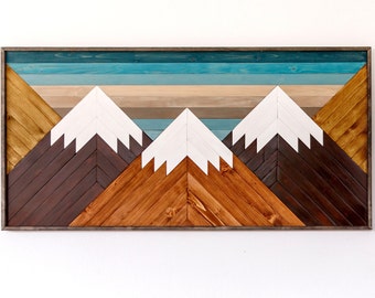 MOUNTAIN WOOD ART, Wood wall art, Geometric wood wall hanging, Snow capped mountain landscape, Blue sky mountain art, Mountain wood plaque