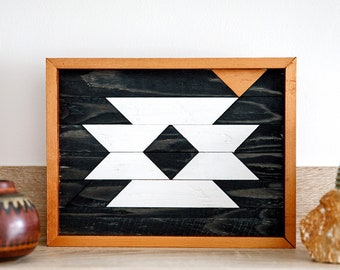 Geometrische Holzwandkunst, Azteken-Holzwandbehang, Boho-Kunst, Holzmosaik, Kleines Regal, Einweihungsgeschenk, moderne Wanddekoration