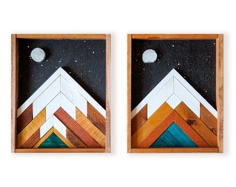 Small mountain wood wall art, Geometric wood wall hanging, Snow capped mountain landscape, Mountain shelf art, Mountain wood plaque