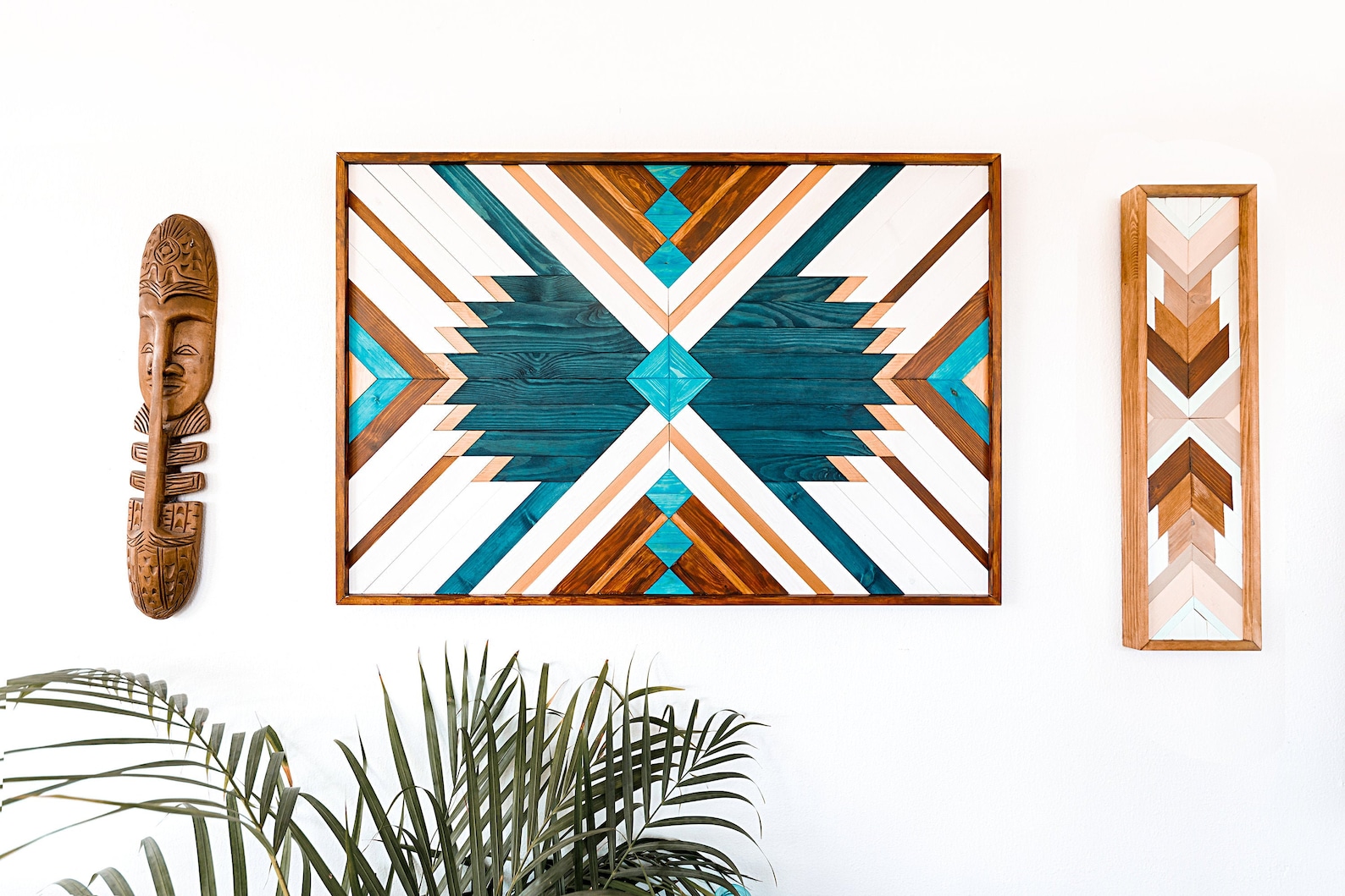 WOOD WALL ART Geometric Wood Wall Art Blue Wall Decor Boho Etsy