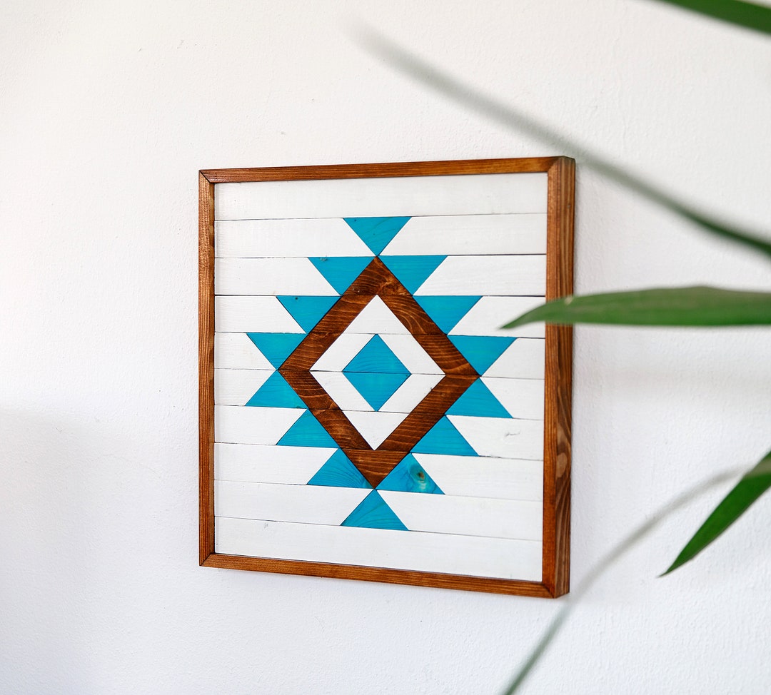 WOOD WALL ART, Geometric Wood Wall Art, Blue Wall Hanging, Boho Art