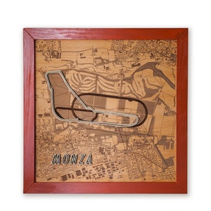 Circuitkaart Formule 1, Monza houten wanddecoratie, houtsnede F1-circuitkaart, op maat ingelijste motorsportdecor, cadeau autoliefhebber