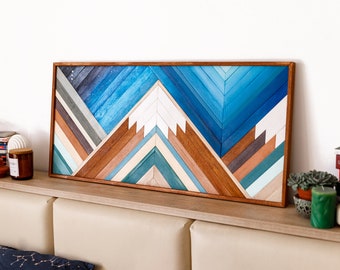 MOUNTAIN WOOD ART, Geometric wood wall hanging, Snow capped mountain landscape, Sunset mountain art, Mountain wood plaque, Livingroom decor