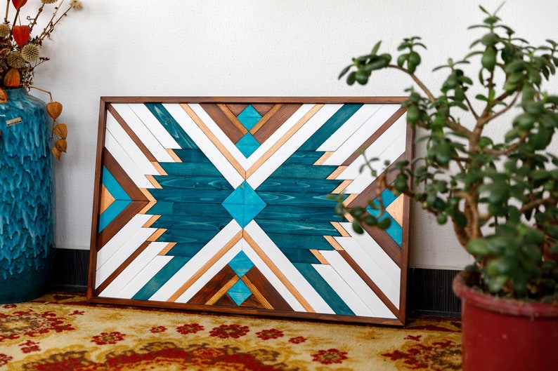 WOOD WALL ART Geometric Wood Wall Art Blue Wall Decor Boho Etsy