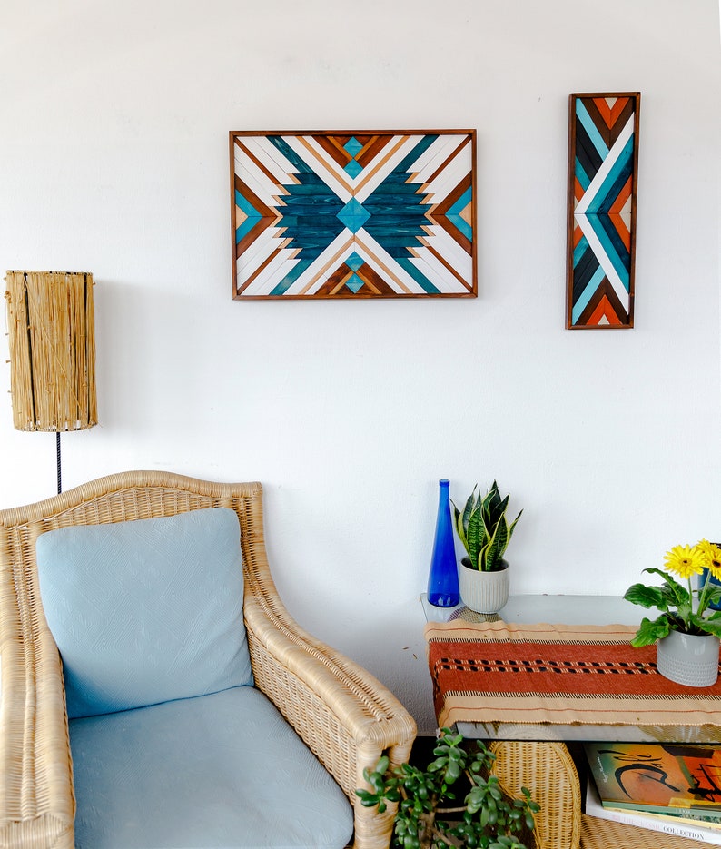 WOOD WALL ART Geometric Wood Wall Art Blue Wall Decor Boho Etsy