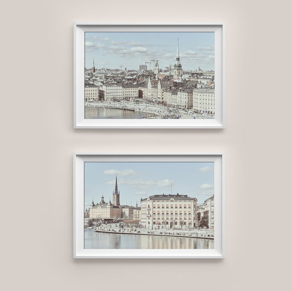 2 piece pastel wall art Stockholm Sweden decor city view print. Set of two large photo prints. Digital instant file