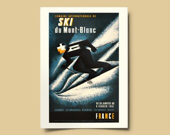 Ski mont blanc chamonix vintage french travel poster print from 1951. Instant download digital wall art ski lodge decor.