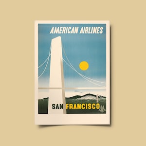 San Francisco vintage travel poster American airlines print from 1948. Instant download air travel rare poster.