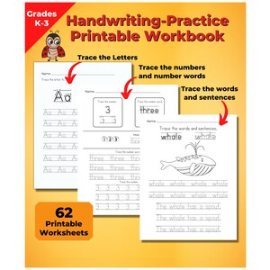 Handwriting Practice Printable Workbook - Trace the Letters, Trace the Numbers, k-3 Alphabet Printable Worksheets