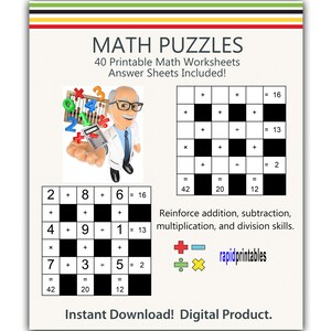 Op de afbeelding: Een printbaar wiskunde puzzelwerkblad met een cartoonillustratie van een man die een rekenmachine en een abacus vasthoudt. Het werkblad bevat 40 printbare wiskundewerkbladen met antwoordbladen inbegrepen. De puzzel is ontworpen om de vaardigheden in optellen, aftrekken, vermenigvuldigen en delen te versterken. De tekst "rapidprintables" is opgenomen in de afbeelding.