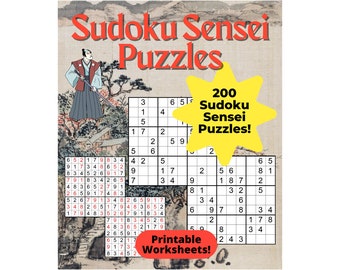 May include: Printable Sudoku puzzles featuring a Japanese theme. The image includes the text "Sudoku Sensei Puzzles" and "200 Sudoku Sensei Puzzles!" along with a traditional Japanese illustration and several Sudoku grids.
