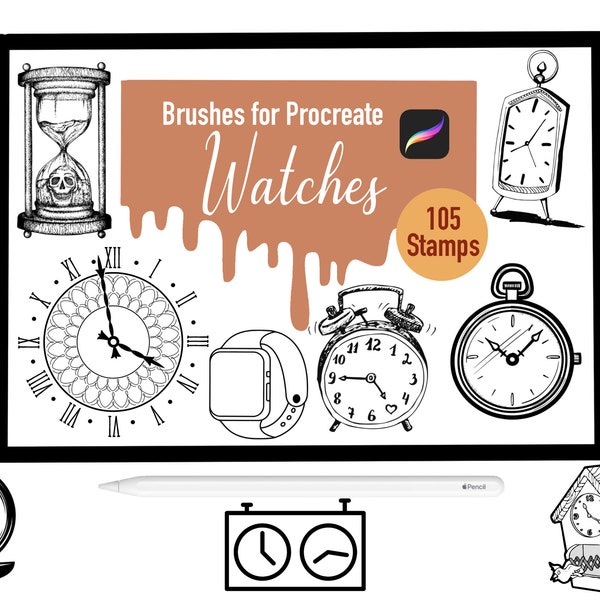 105 Watches Stamp Brushes for Procreate, Procreate Brushes, Nature, Landscape, Procreate Stamps, Lettering, Greeting Cards, Tattoo