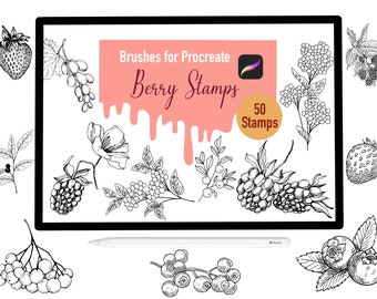 50 Berry Stamp Brushes for Procreate, Procreate Brushes, Nature, Landscape, Procreate Stamps, Lettering, Greeting Cards, Tattoo