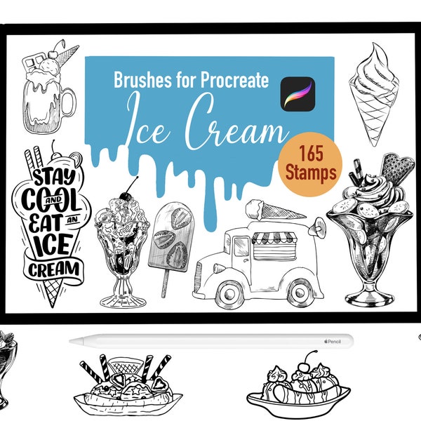 165 Ice Cream Stamp Brushes for Procreate, Procreate Brushes, Nature, Landscape, Procreate Stamps, Lettering, Greeting Cards, Tattoo