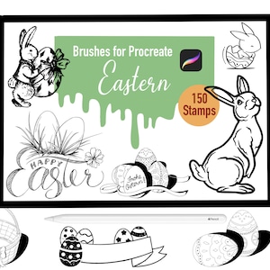 Könnte beinhalten: Schwarz-weiße Illustrationen von Ostern-Motiven, darunter Hasen, Eier, Küken und ein Korb. Der Text "Brushes for Procreate Eastern 150 Stamps" ist auf grünem Hintergrund dargestellt.