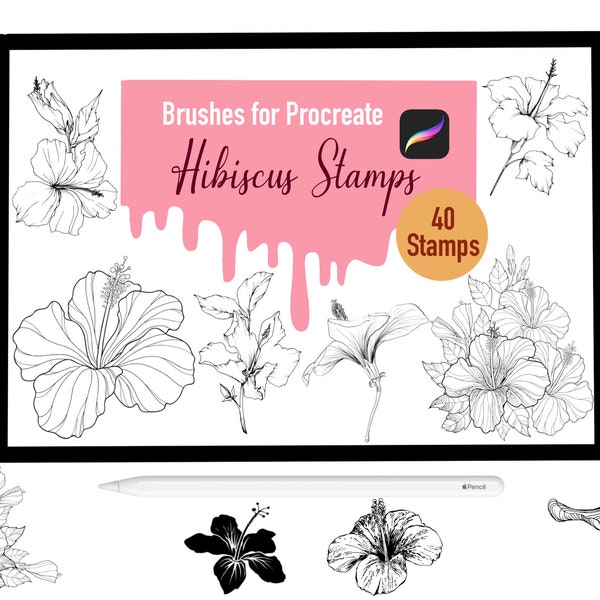 40 Hibiscus Stamp Brushes for Procreate, Procreate Brushes, Nature, Landscape, Procreate Stamps, Lettering, Greeting Cards, Tattoo