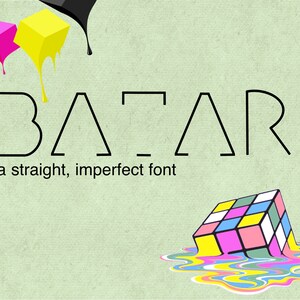 Könnte beinhalten: Ein Grafikdesign für eine Schriftart namens "BATARI" mit dem Slogan "a straight, imperfect font". Das Design zeigt einen schwarzen Tintenklecks, drei farbige Würfel und einen schmelzenden Rubik's Cube.