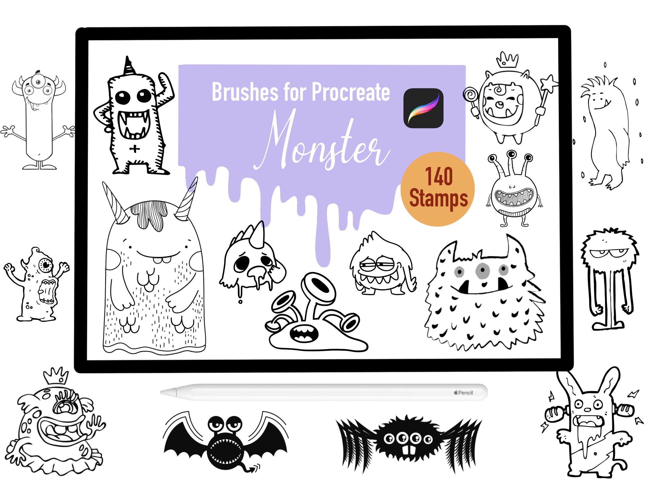 140 Monster Stamp Brushes for Procreate, Procreate Brushes, Nature ...