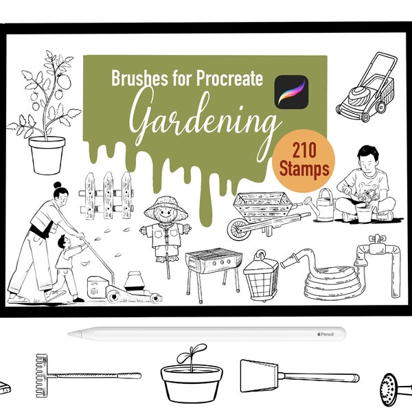 210 Gardening Stamp Brushes for Procreate, Procreate Brushes, Nature, Landscape, Garden, Procreate Stamps, Lettering, Greeting Cards, Tattoo