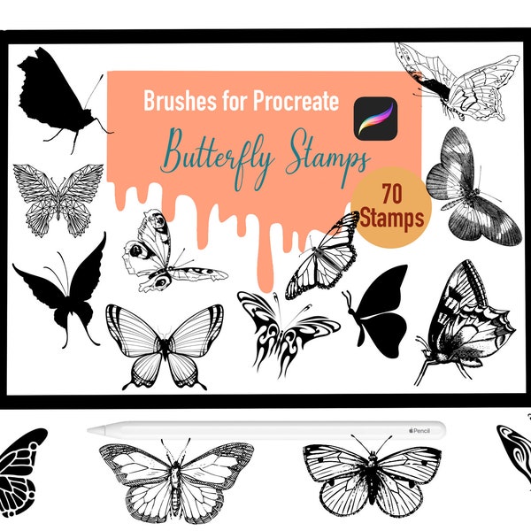 70 Butterfly Stamp and Shilouette Brushes for Procreate, Procreate Brushes, Nature, Landscape, Procreate Stamps, Lettering, Greeting Cards