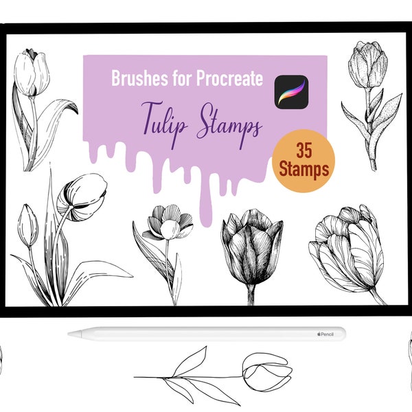 35 Tulip Stamp Brushes for Procreate, Procreate Brushes, Nature, Landscape, Procreate Stamps, Lettering, Greeting Cards, Tattoo