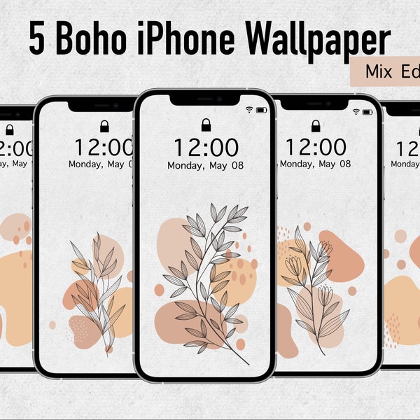 5 Boho Mix iPhone Wallpaper | Paper Look | Flower Wallpaper | boho, retro, vintage | Digital Download