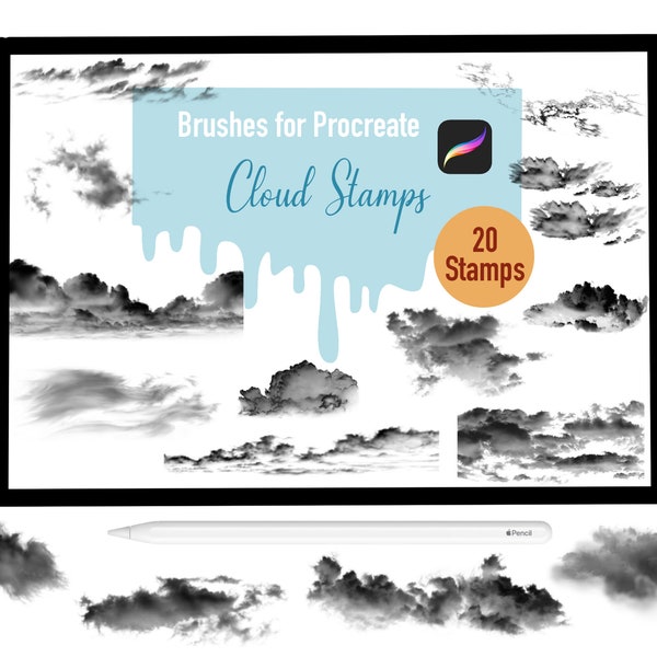 20 Cloud Stamps Brushes for Procreate, Procreate Brushes, Nature, Landscape, Procreate Stamps, Lettering