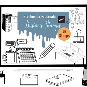 May include: Monochrome illustration of business-themed stamps for Procreate. The image features a desk, calendar, pencil, push pins, binder clip, coffee cup, and other office supplies. Text reads "Brushes for Procreate Business Stamps" and "95 Stamps."