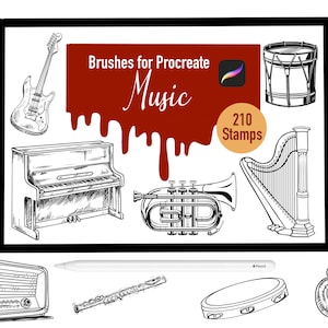 May include: A digital illustration of 210 music-themed stamps for Procreate. The stamps include musical instruments such as a saxophone, guitar, piano, harp, trumpet, flute, tambourine, and headphones. There are also musical notes and a drum.
