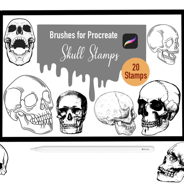 20 Skull Stamp Brushes for Procreate, Procreate Brushes, Nature, Landscape, Procreate Stamps, Lettering, Greeting Cards.