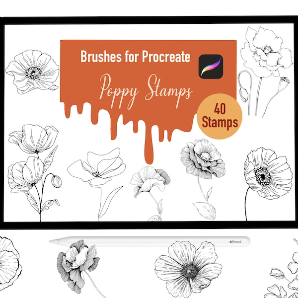 40 Poppy Stamp Brushes for Procreate, Procreate Brushes, Nature, Landscape, Procreate Stamps, Lettering, Greeting Cards, Tattoo