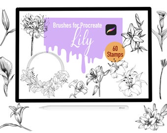 60 Lily Stamp Brushes for Procreate, Procreate Brushes, Nature, Landscape, Procreate Stamps, Lettering, Greeting Cards, Tattoo