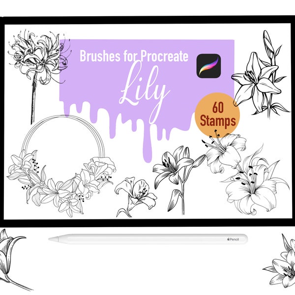 60 Lily Stamp Brushes for Procreate, Procreate Brushes, Nature, Landscape, Procreate Stamps, Lettering, Greeting Cards, Tattoo