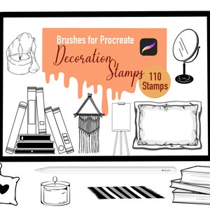 May include: A digital illustration of 110 Procreate stamps for decorating. The stamps include a variety of items, such as candles, books, pillows, a clock, a mirror, a cactus, and a macrame wall hanging. The text "Brushes for Procreate Decoration Stamps 110 Stamps" is included in the image.