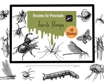 May include: A digital illustration of 60 insect stamps for Procreate. The stamps feature a variety of insects, including butterflies, beetles, dragonflies, and spiders. The stamps are black and white and have a vintage style.